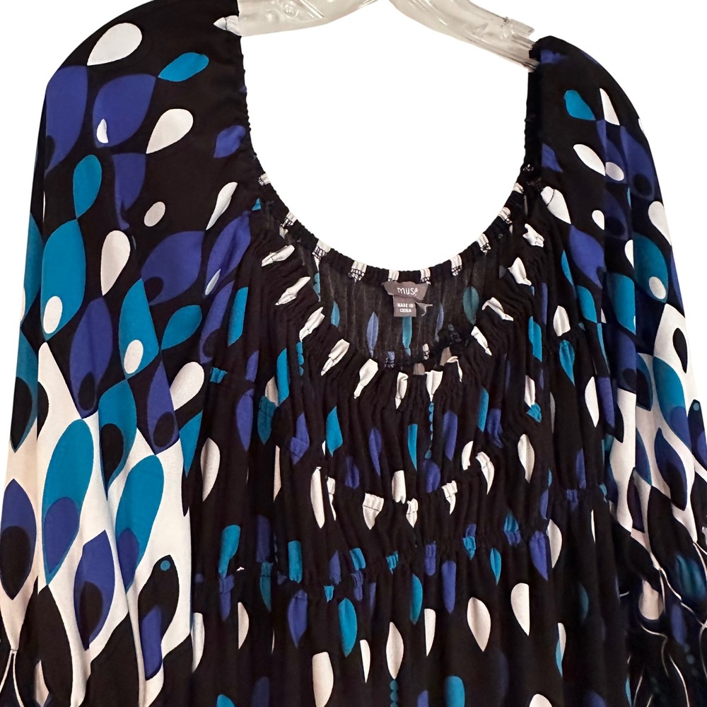 Muse Scoop Neck‎ Geometric Dress Women's 10 Black Blue Career Boho Feminine Y2K - Picture 3 of 12